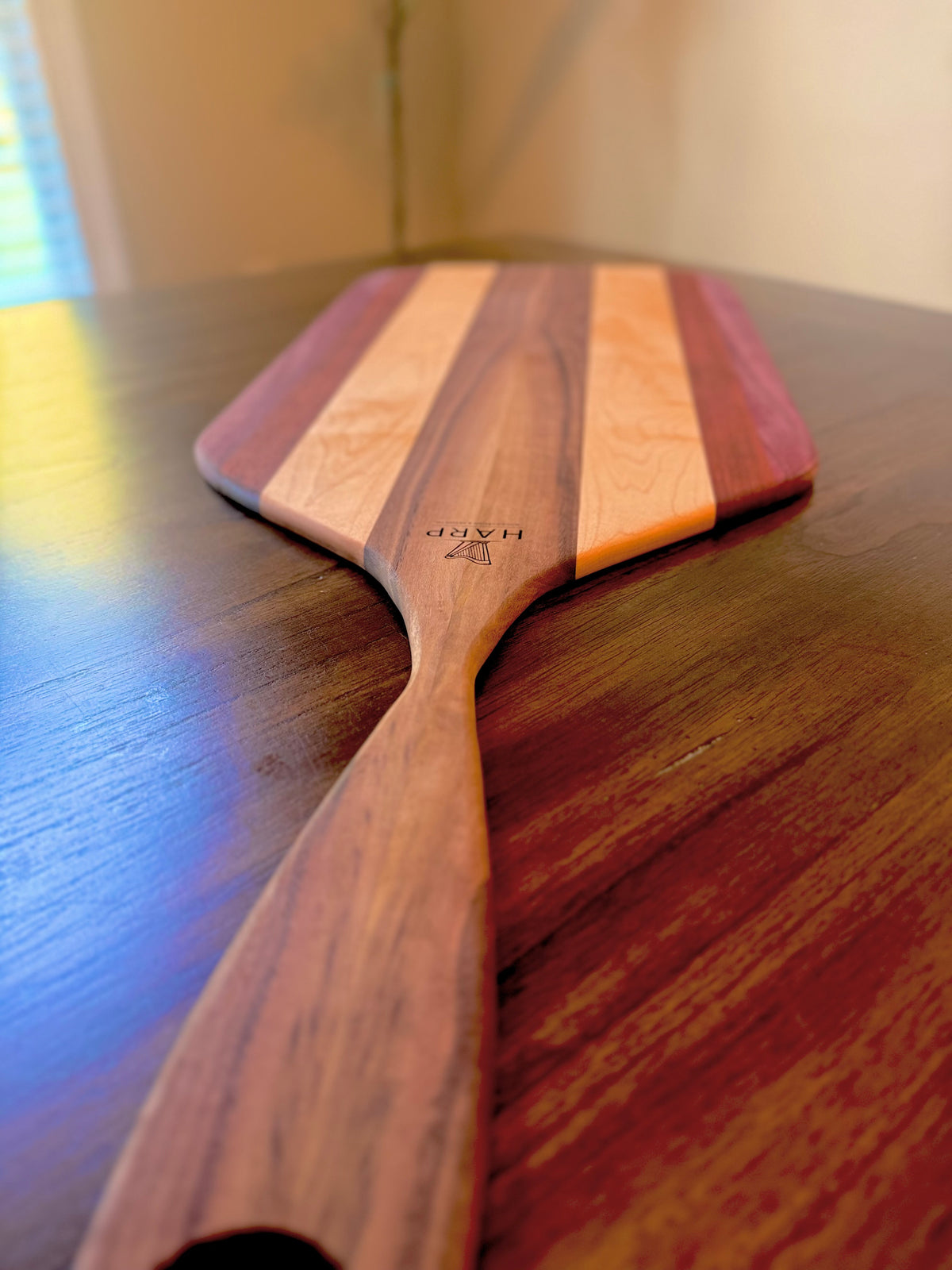 Walnut, Maple, Padauk and Purple Heart Serving board with handle - 30”x11”x3/8”