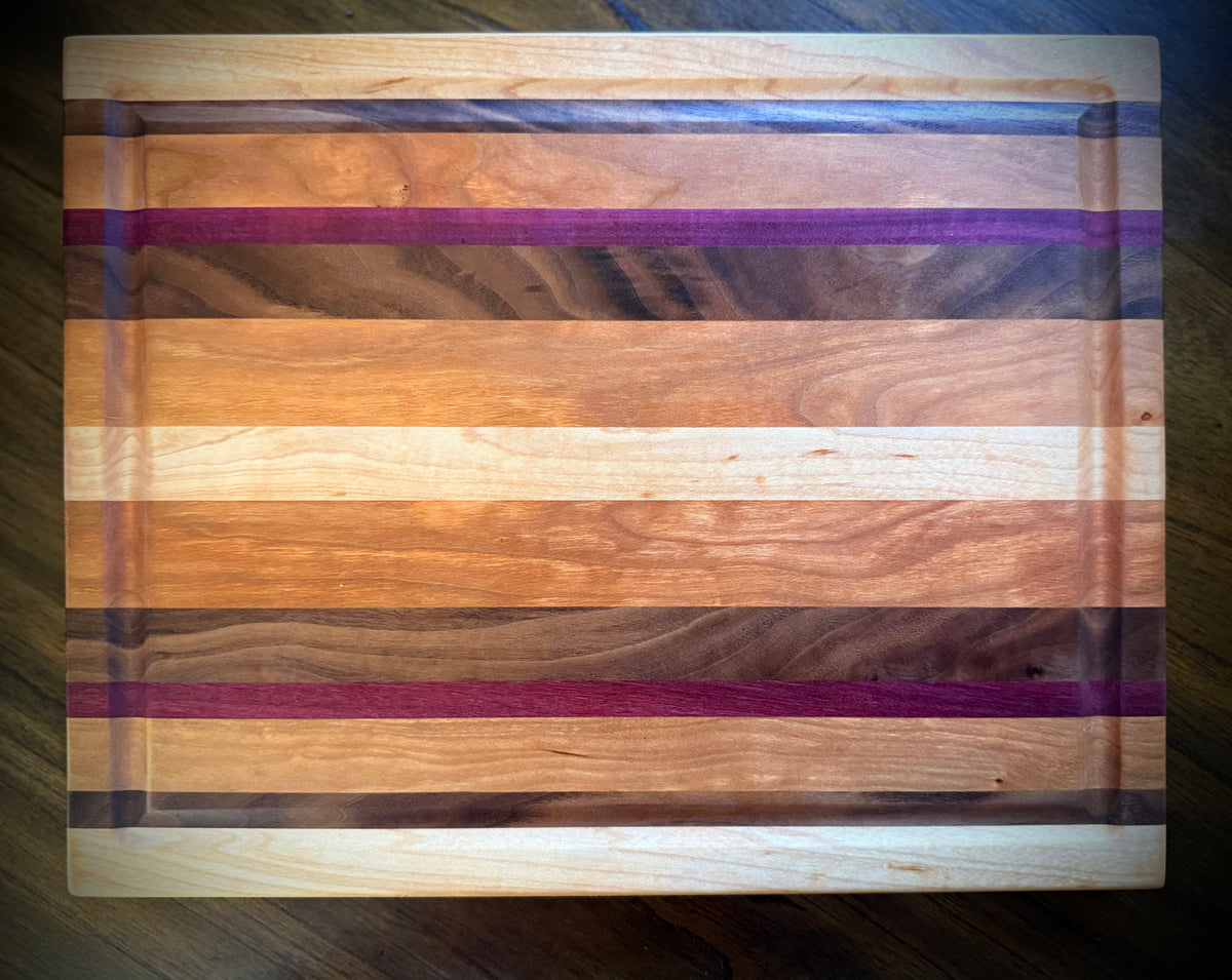 Maple, Cherry, Walnut & Purpleheart Edge-Grain Cutting Board - 15”x12”x1-1/2”
