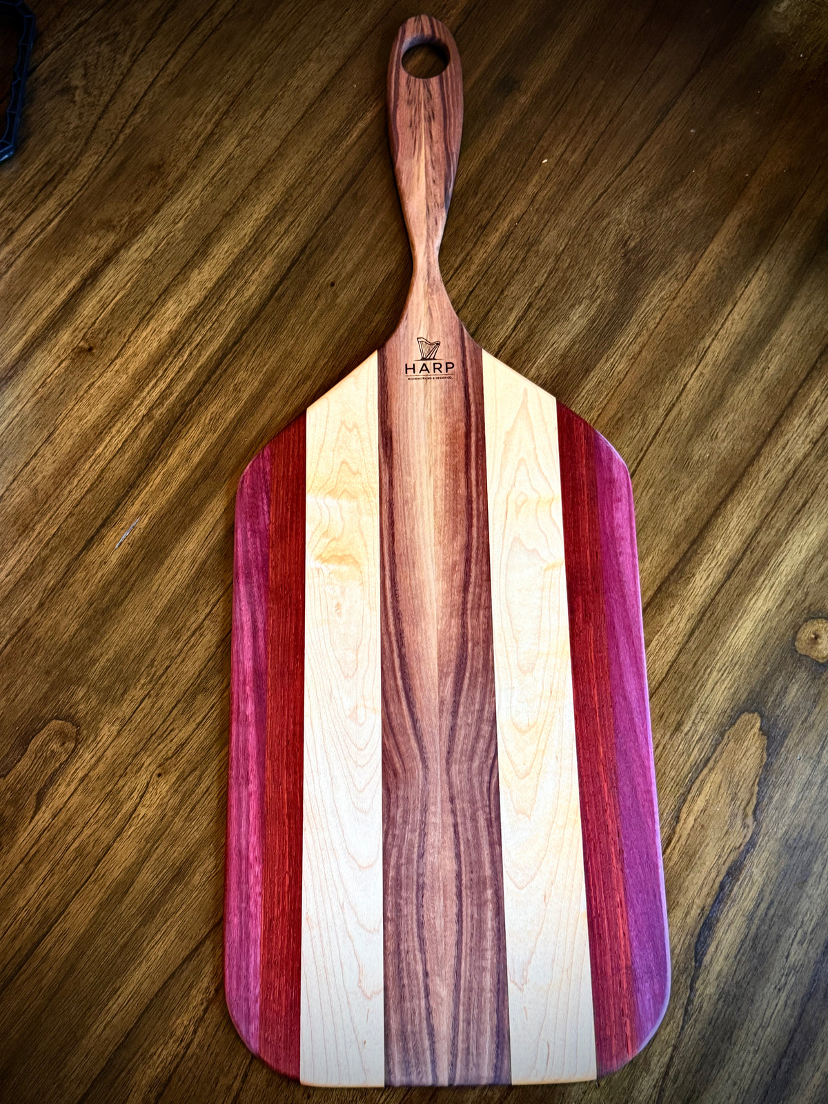 Walnut, Maple, Padauk and Purple Heart Serving board with handle - 30”x11”x3/8”
