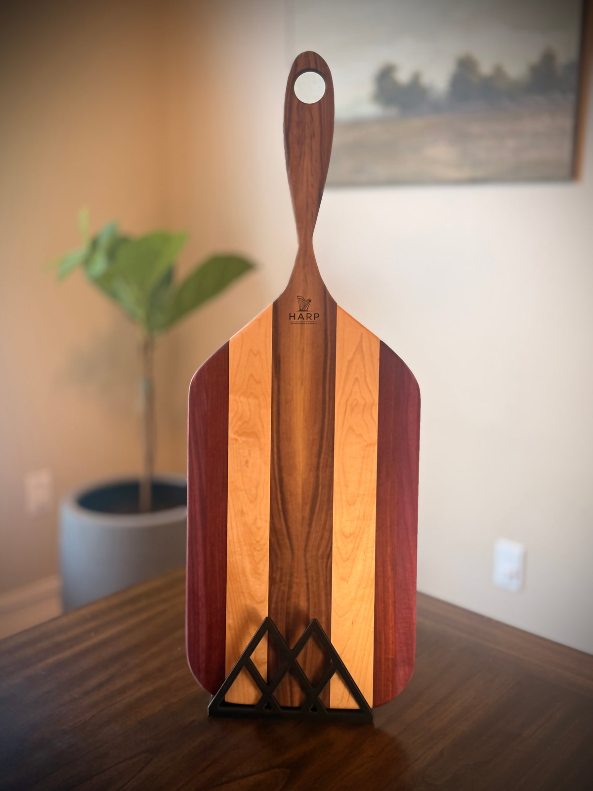 Walnut, Maple, Padauk and Purple Heart Serving board with handle - 30”x11”x3/8”